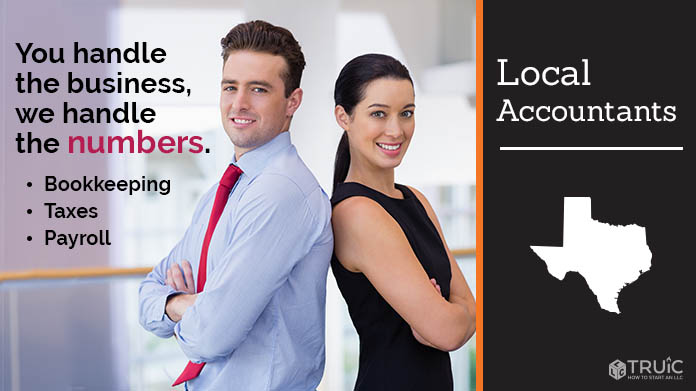Man and woman standing back to back with text that reads "Local accountants in Texas".