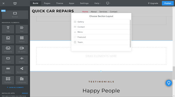 Weebly website builder, choose section layout