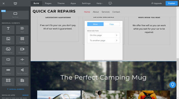 Weebly website builder, move a section