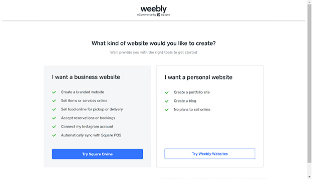 Choice between business and personal website on Weebly.