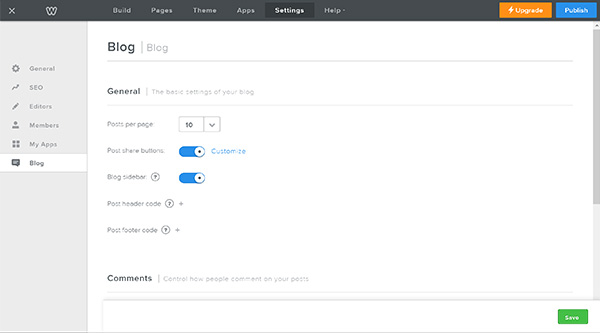 Blog settings on Weebly.