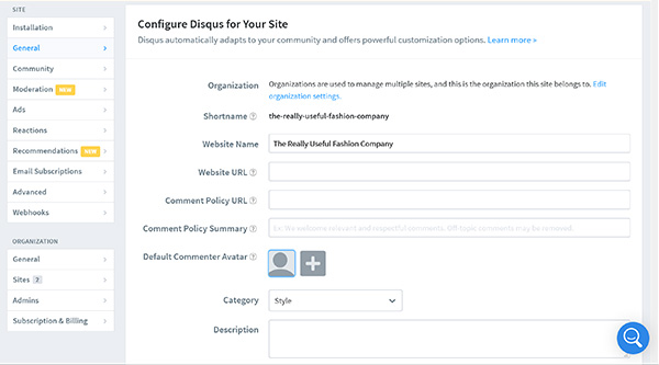 Disqus configuration settings.