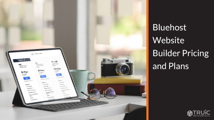 Bluehost website builder pricing and plans on a laptop screen.