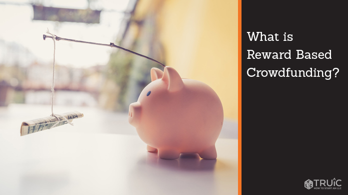 Piggy bank with money dangling from a stick. To the right it reads, "What is rewards based crowdfunding?"