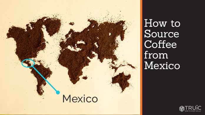 A map of the world, made of coffee grounds, pointing toward Mexico