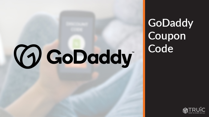 Blurred discount background with GoDaddy logo.