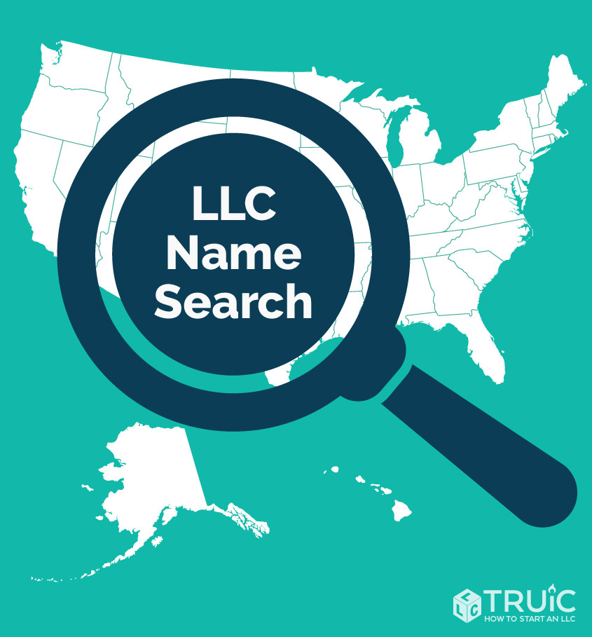A magnifying glass over the United States that reads L L C name search