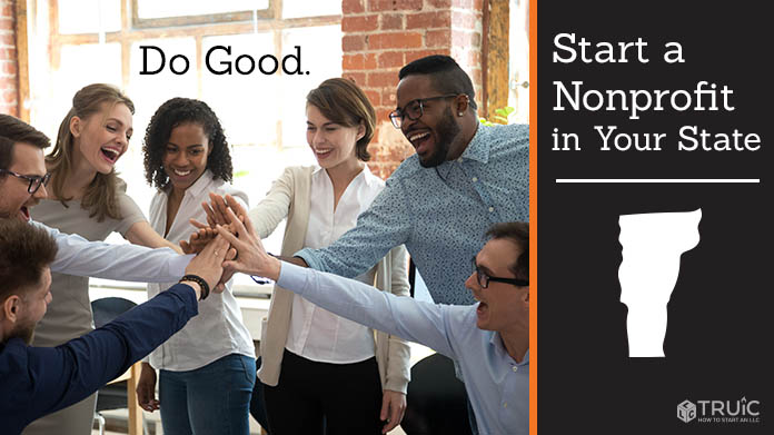 Group of excited coworkers putting their hands in the middle with text above them that says "Do Good."