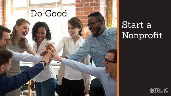 Group of excited coworkers putting their hands in the middle with text above them that says "Do Good."