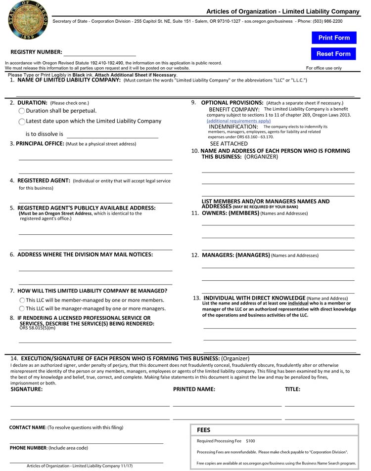 An image of the manual LLC filing form for the state of Oregon