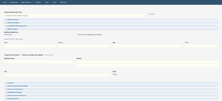 An image of the online LLC filing form for the state of Oregon