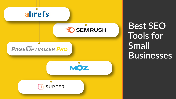 Ahrefs, SEMrush, Moz, Page Optimizer Pro, and SurferSEO logos on a yellow background.