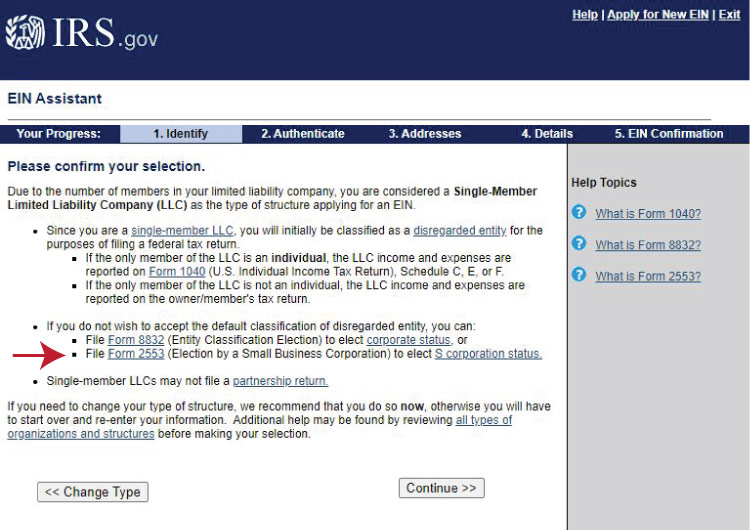 una captura de pantalla del sitio web del IRS para elegir 2553
