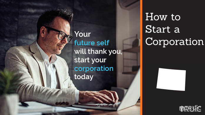 Man at desk typing on laptop with text reading "How to start a corporation"