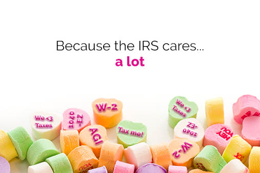 Candy hearts with tax document inscriptions